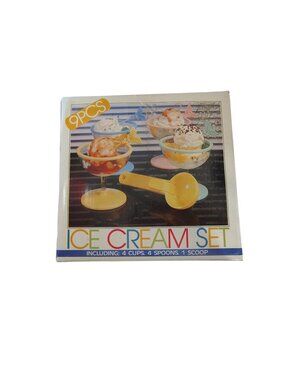 Vtg. NOS 9 Piece Ice Cream Set 4 Bowls 4 Butterfly Spoons 1 Scoop Pastel Plastic